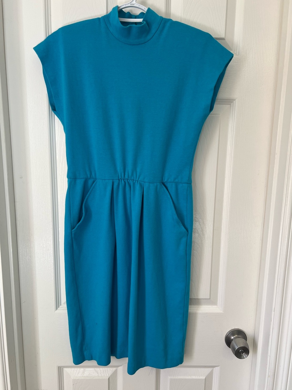 VINTAGE Jessica Howard Teal Cap-Sleeve Mock Neck Jersey fabric Women's Dress